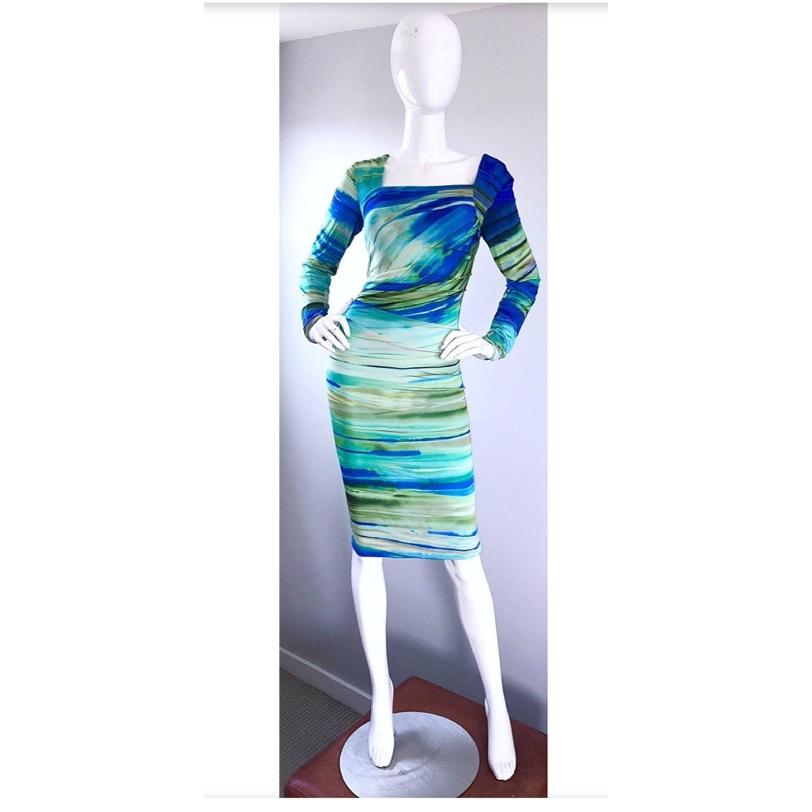 Escada Women 34 Eu S Us Dress Long Sleeve Squareneck Watercolor Ombre Green Blue